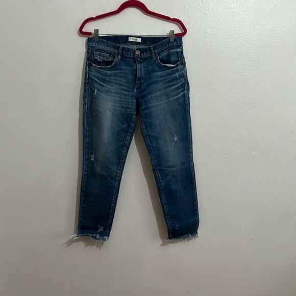 Authentic Moussy Women's Jeans SZ 29 Straight Leg Med Wash Chewed Hem Mid Rise